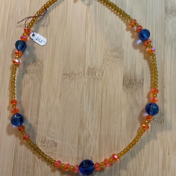 Hand Crafted Vibrant Beaded Crystal Necklace and Bracelet Set Blue Orange Yellow - Picture 3 of 8